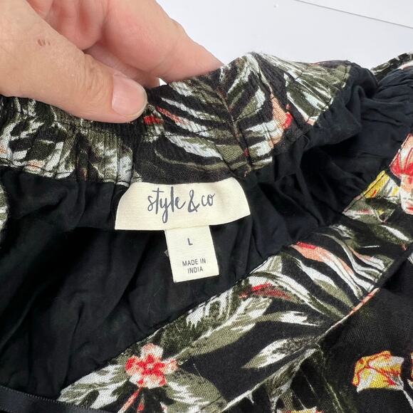 Style & Co Black Tropical Printed Flowy Pull On Midi Hi-Lo Layered Skirt L - Picture 10 of 13